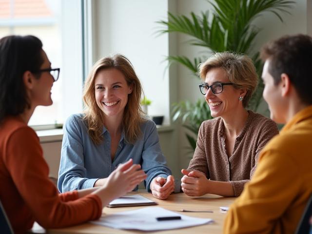 Diversi adulti sorridenti si consultano in un gruppo, condividendo idee e supporto.