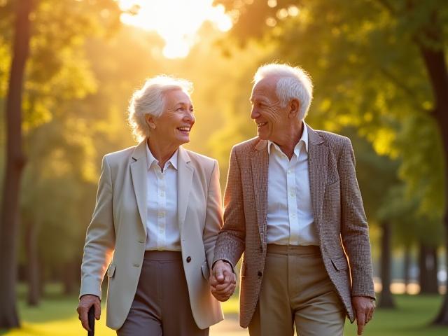 Una coppia anziana sorride passeggiando mano nella mano in un parco, in buona salute.