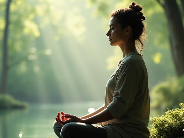 Una persona serena medita in un ambiente verde e tranquillo, con le mani giunte.
