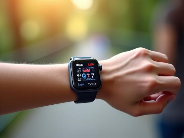 Dettaglio di un polso con uno smartwatch che mostra dati di attività fisica, in un contesto dinamico.