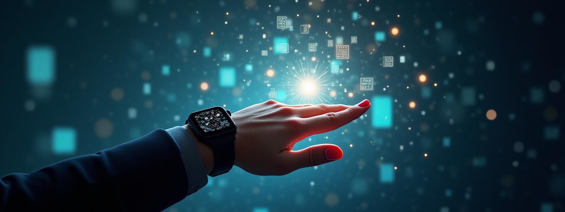 Onda di dati che parte da smartwatch e smart ring e confluisce in grafici chiari di Adeia Vita