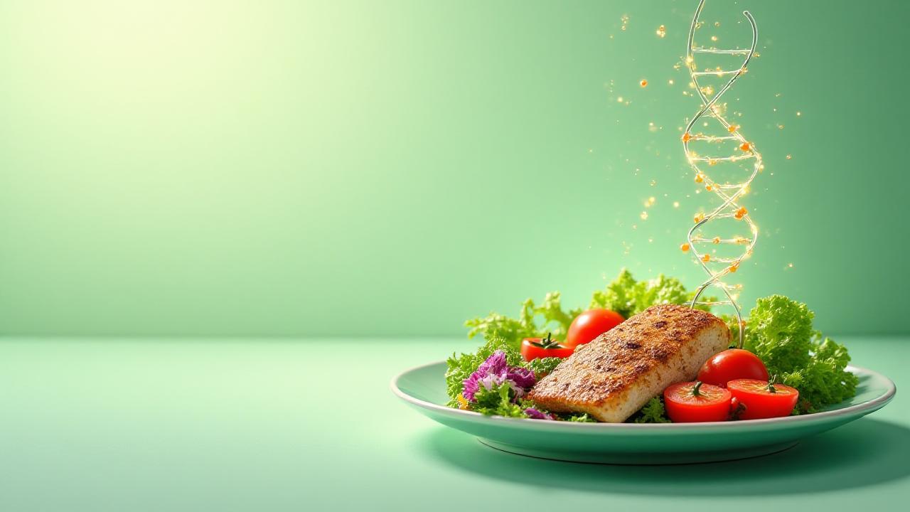 Illustrazione di una doppia elica del DNA che si fonde con un piatto colorato e sano tramite linee grafiche, simbolo di nutrizione personalizzata.